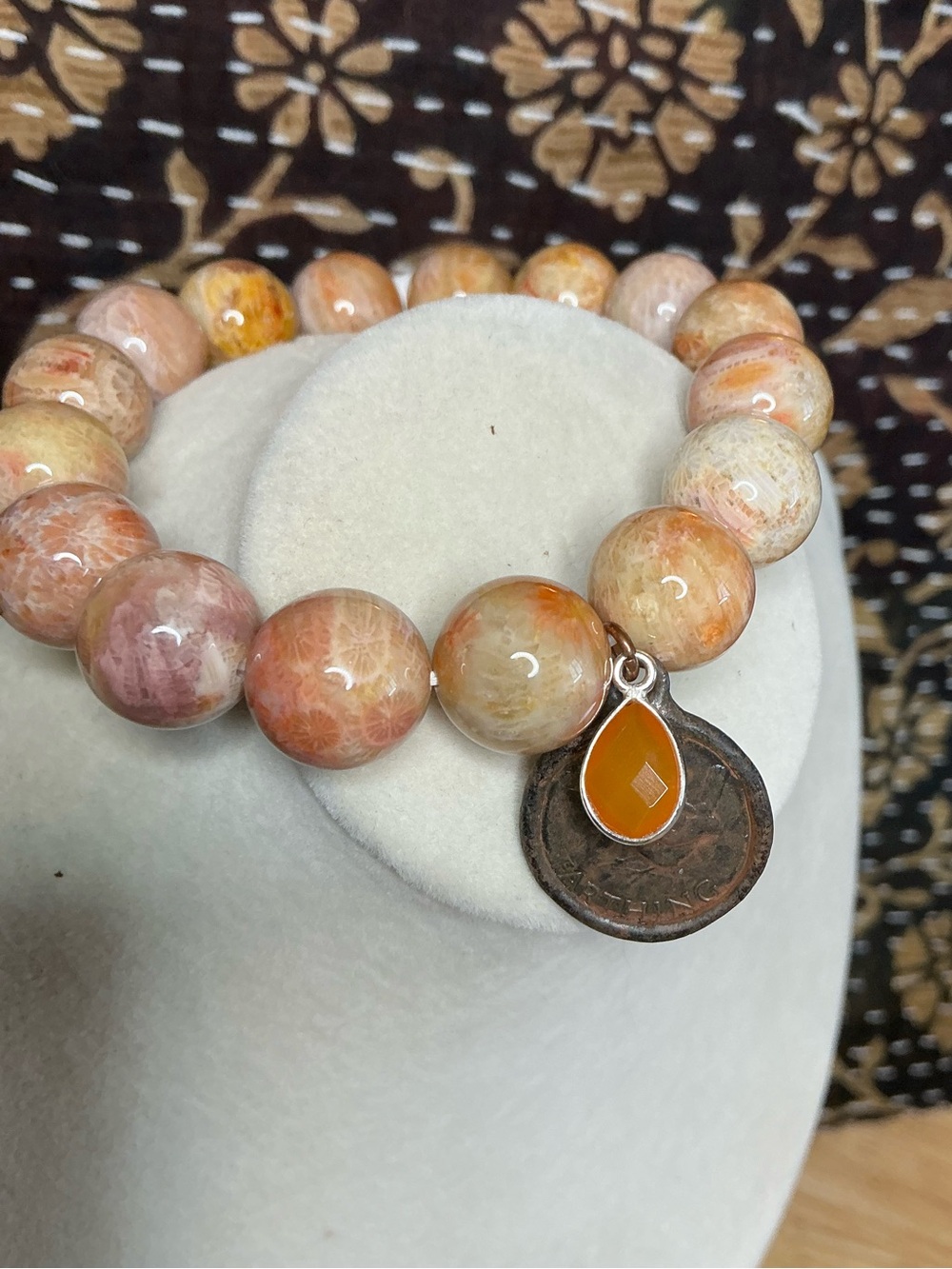 High Quality Coral Jade with Rustic Bird Coin and Carnelian Charm